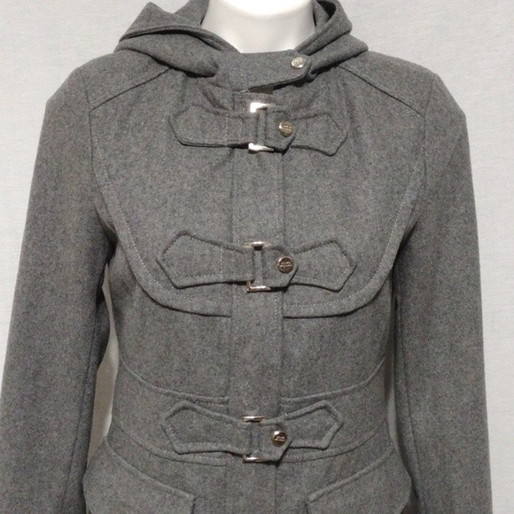 Steve Madden Wool Blend Zipped up Gray Trench Coat With Hoodie Small - Picture 4 of 10